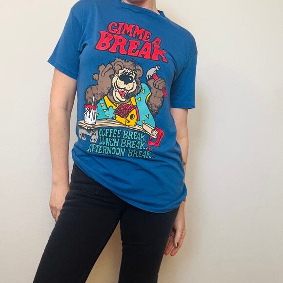 Vintage 80s 90s t-shirt blue single stitch kitschy bear Gimme A Break M-L - Picture 5 of 8